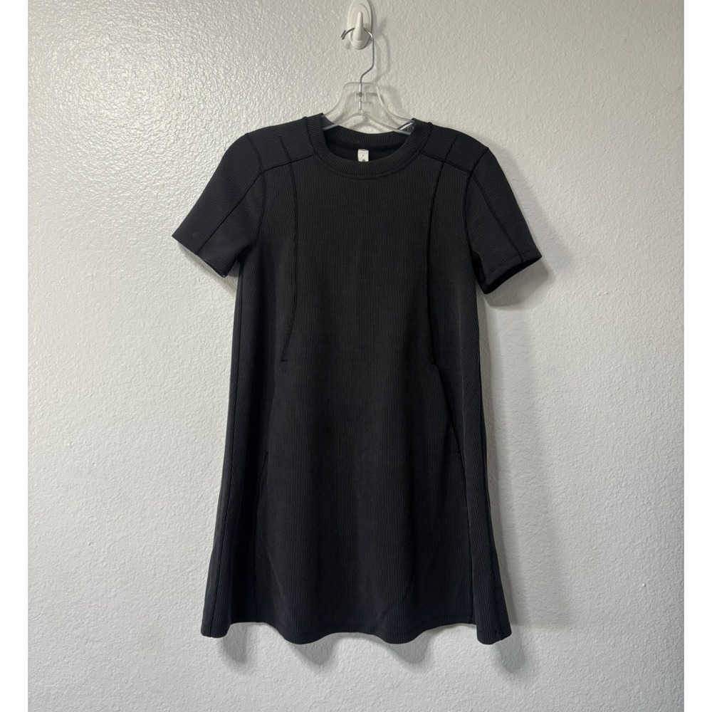 Lululemon Women's Black Ribbed Softstreme T-Shirt Dress Short Sleeve Size 0